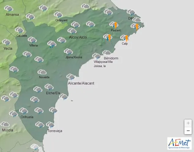 Fin de semana de invierno en la Marina Alta: la AEMET activa el aviso amarillo ante la borrasca 3 Imagen: Predicción de la AEMET para Alicante a las 15.00 horas el sábado, 9 de marzo 2024