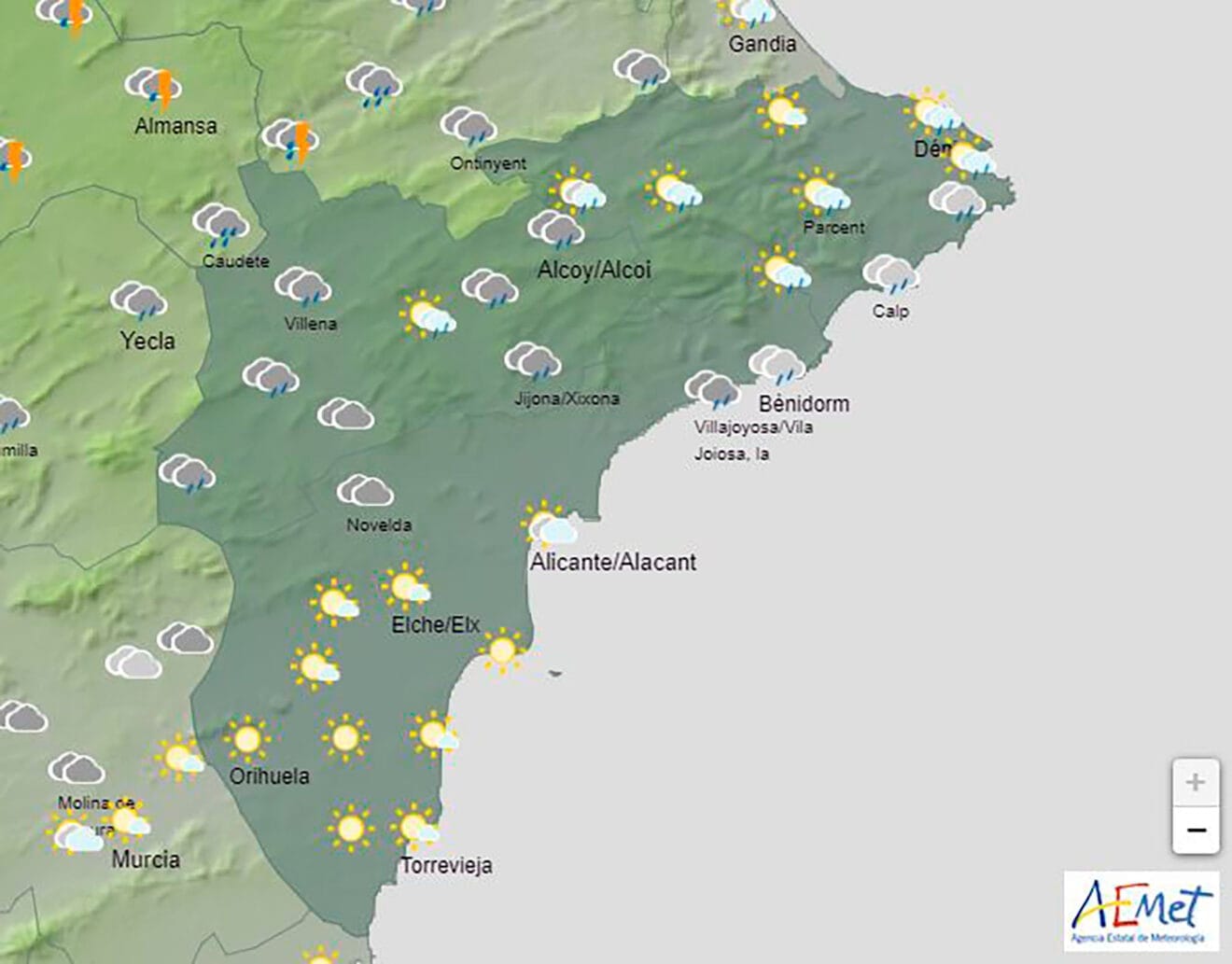 Predicción de la AEMET para Alicante a las 19.00 horas el sábado 30 de marzo 2024