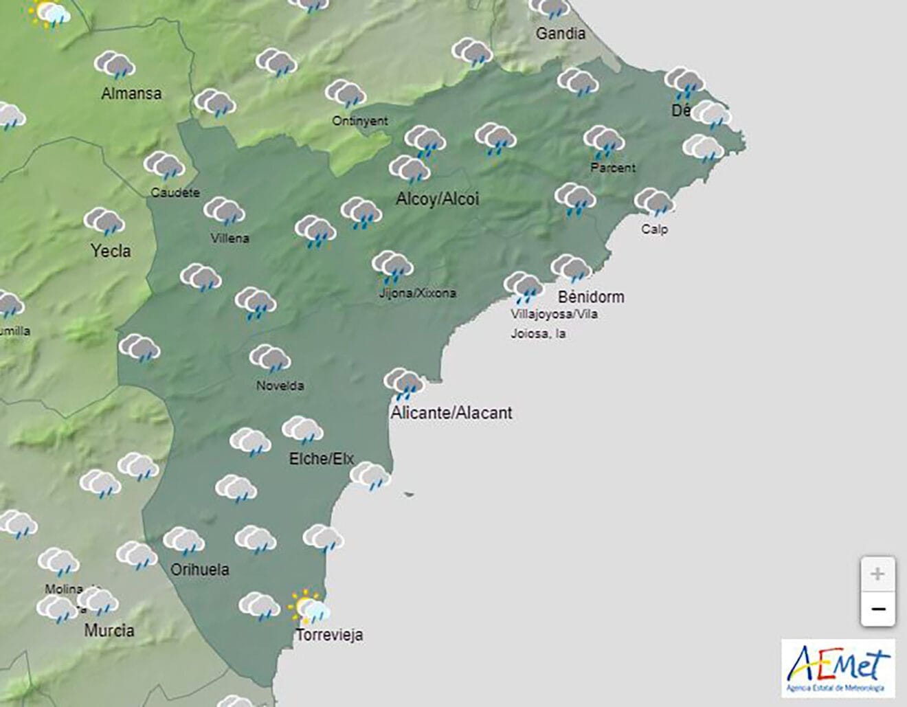 Predicción de la AEMET para Alicante entre las 12.00 y las 18.00 del domingo 31 de marzo de 2024