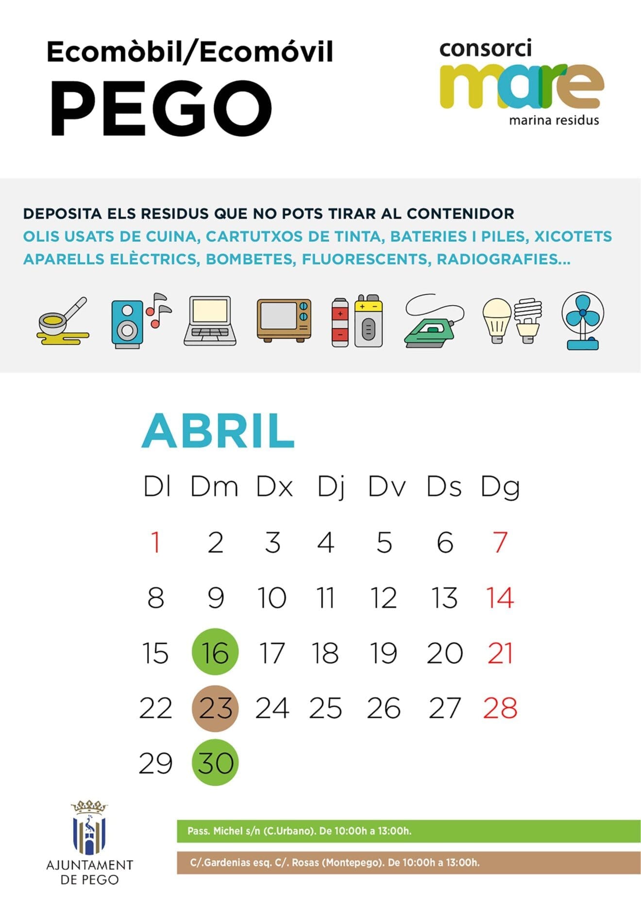 Calendario del ecoparque móvil en Pego en abril
