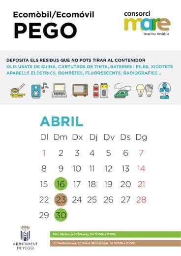 Calendario del ecoparque móvil en Pego en abril