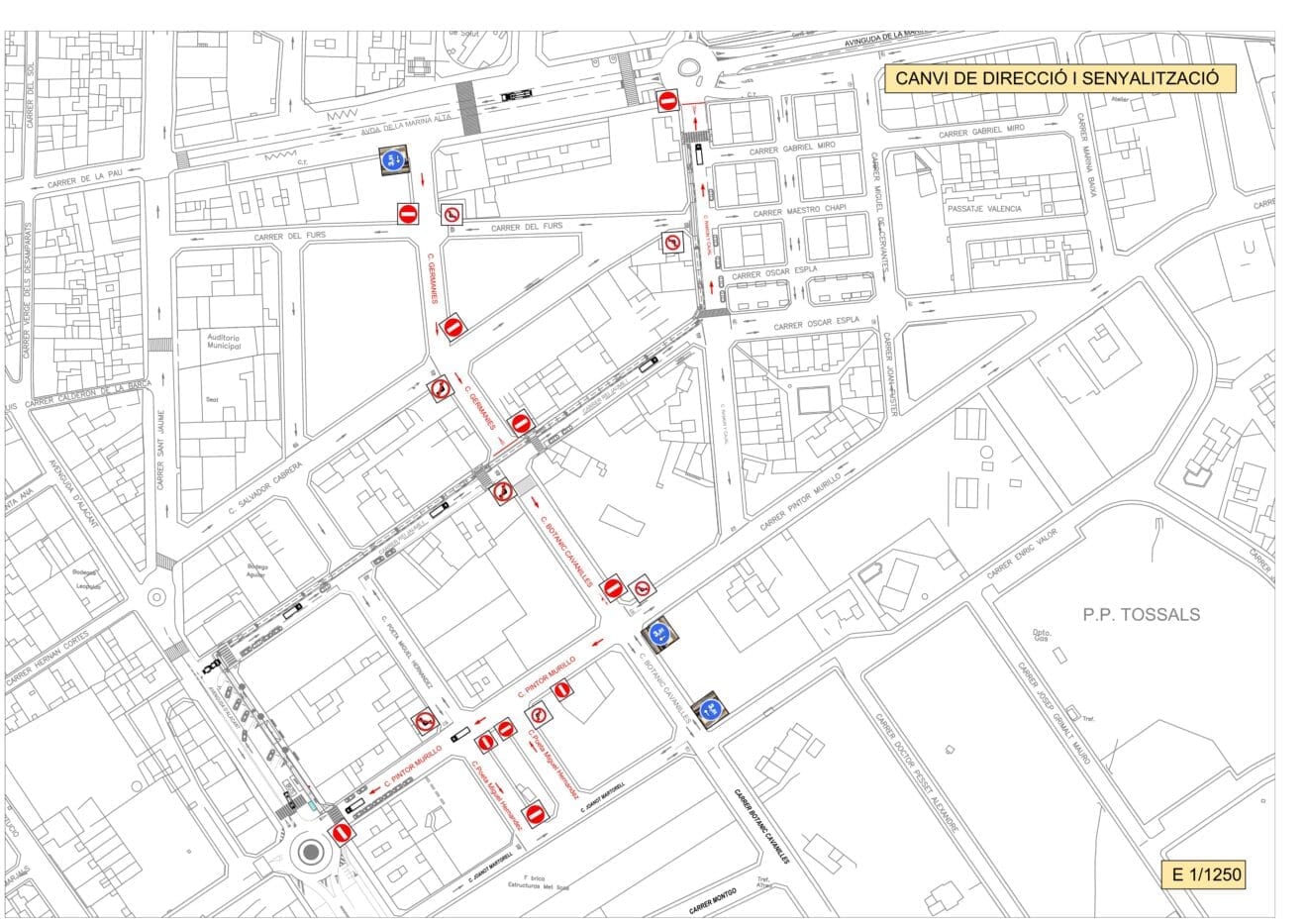 Mapa del cambio de dirección de las calles de Ondara