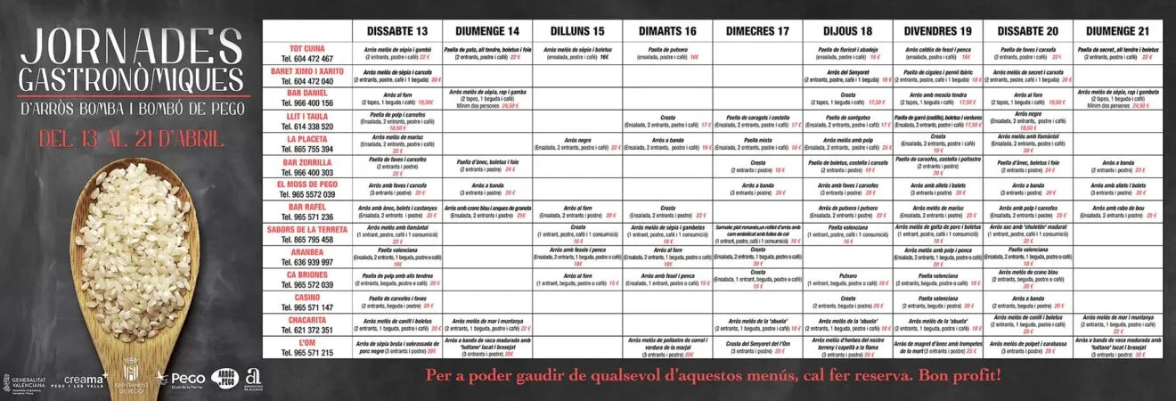Cartell amb els menús de les XIV Jornades Gastronómiques d'arròs bomba i bombó de Pego 2024