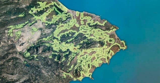 reproduccion del mapa de gva en la marina alta que indica las zonas dentro de los 500 m respecto a terreno forestal donde no se permite la quema agricola