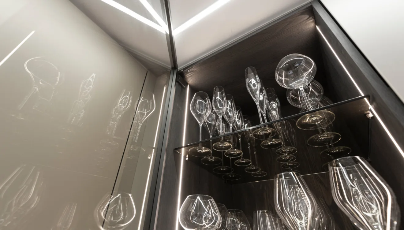 Una vitrina con luz interior y cristal, elegante y funcional