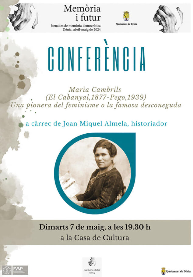 Imagen: Cartel de la conferencia de Joan Miquel Almela sobre Marina Cambrils en Dénia