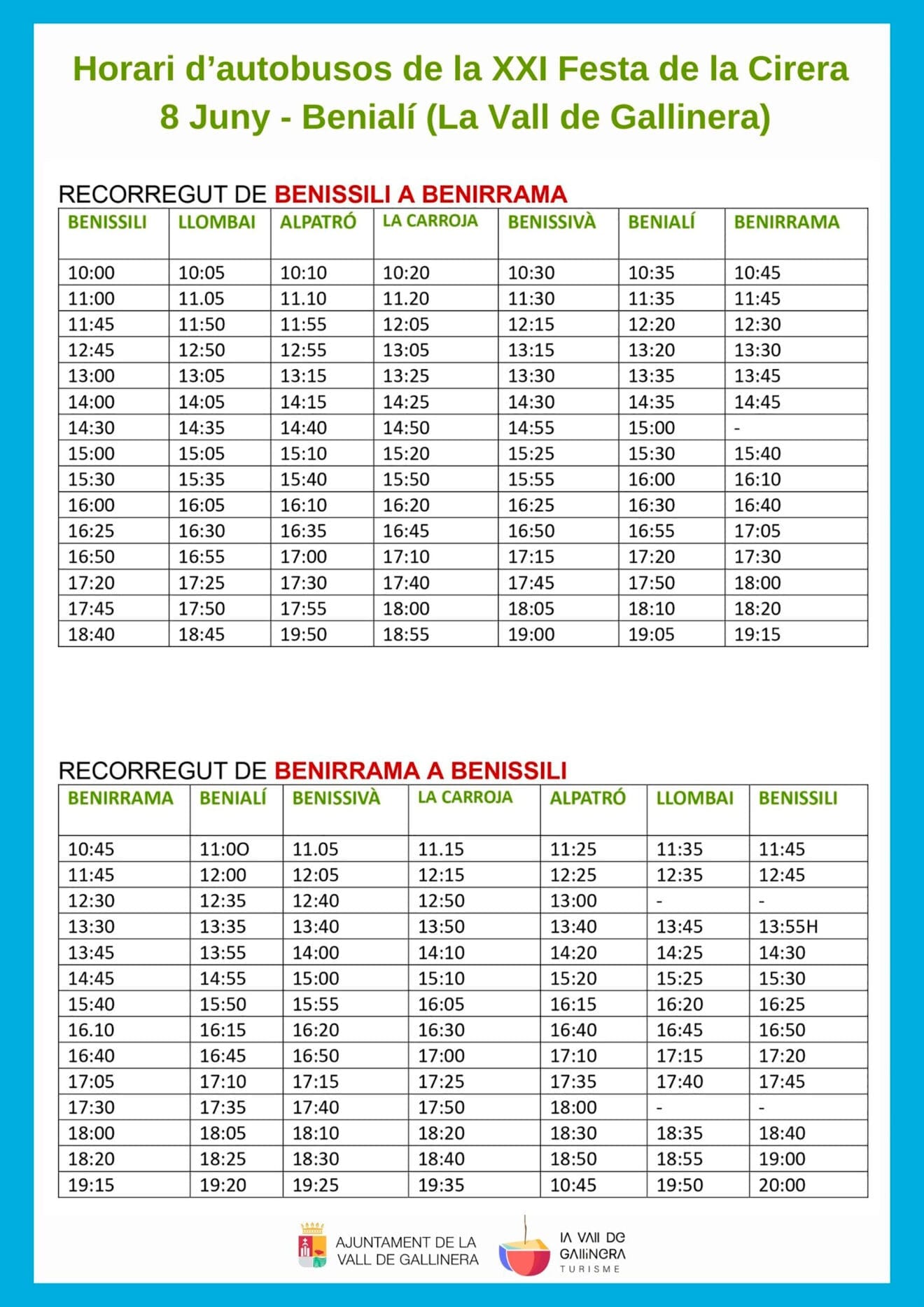 Horarios de autobús para la XXI Festa de la Cirera de la Vall de Gallinera 2024