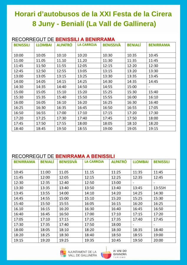 horarios de autobus para la xxi festa de la cirera de la vall de gallinera 2024