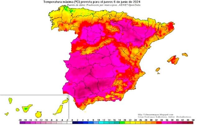 Imagen: Temperatura máxima prevista para el jueves 6 de junio de 2024 - Agencia Estatal de Meteorología