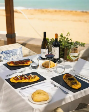 Terraza luminosa del restaurante Mar en calma con vistas a la costa