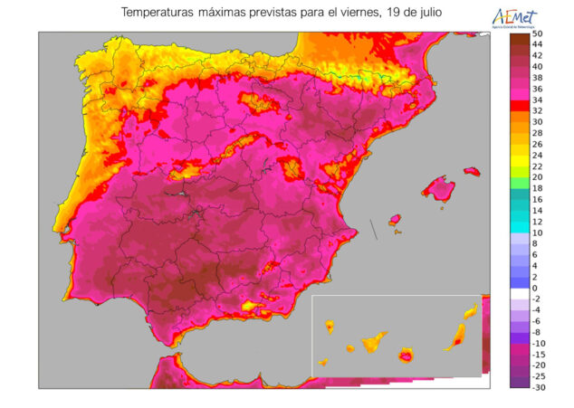 Imagen: Mapa de temperaturas máximas previstas para el viernes 19 de julio de 2024 - AEMET