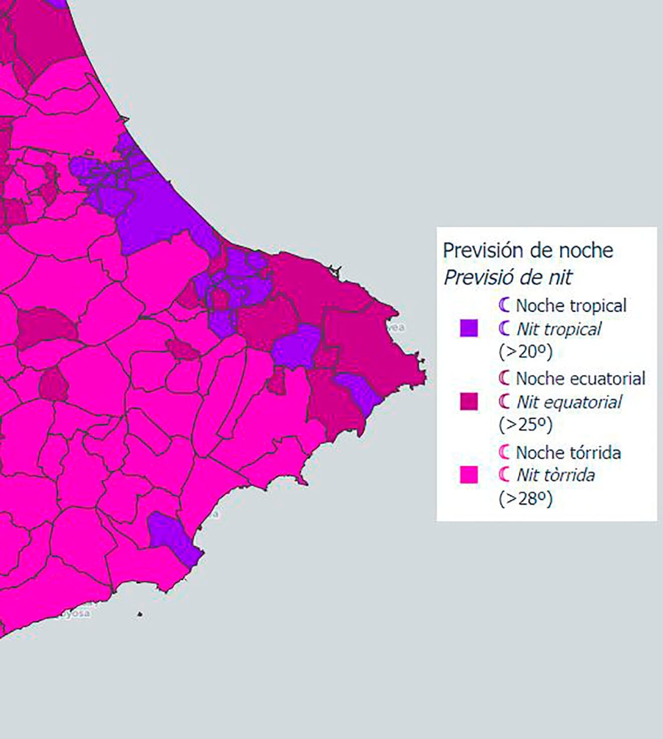 Mapa del sistema de vigilancia de temperaturas extremas de la Generalitat para la noche del 31 de julio al 1 de agosto de 2024