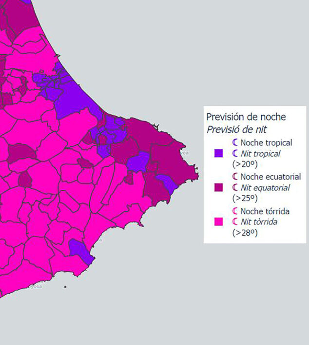 Imagen: Mapa del sistema de vigilancia de temperaturas extremas de la Generalitat para la noche del 31 de julio al 1 de agosto de 2024