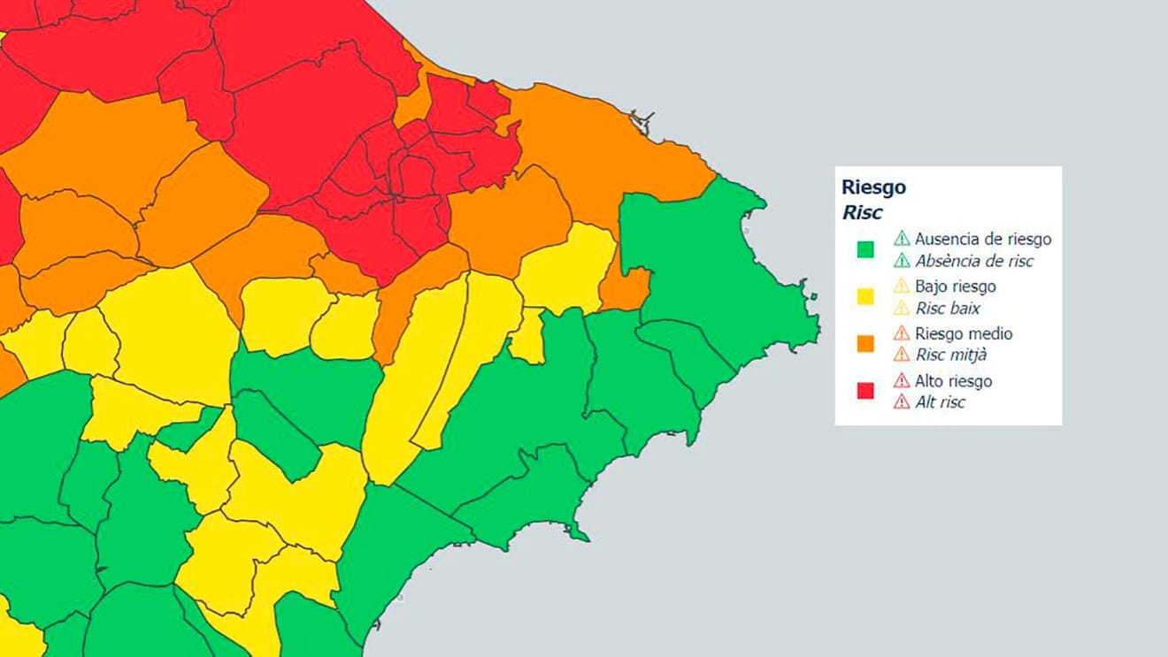 Mapa del sistema de vigilancia de temperaturas extremas de la Generalitat sobre los niveles de riesgo para la salud