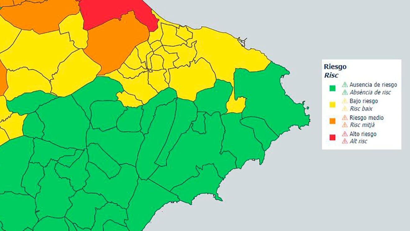 Mapa del sistema de vigilancia de temperaturas extremas de la Generalitat sobre los niveles de riesgo para la salud del 24 de julio de 2024