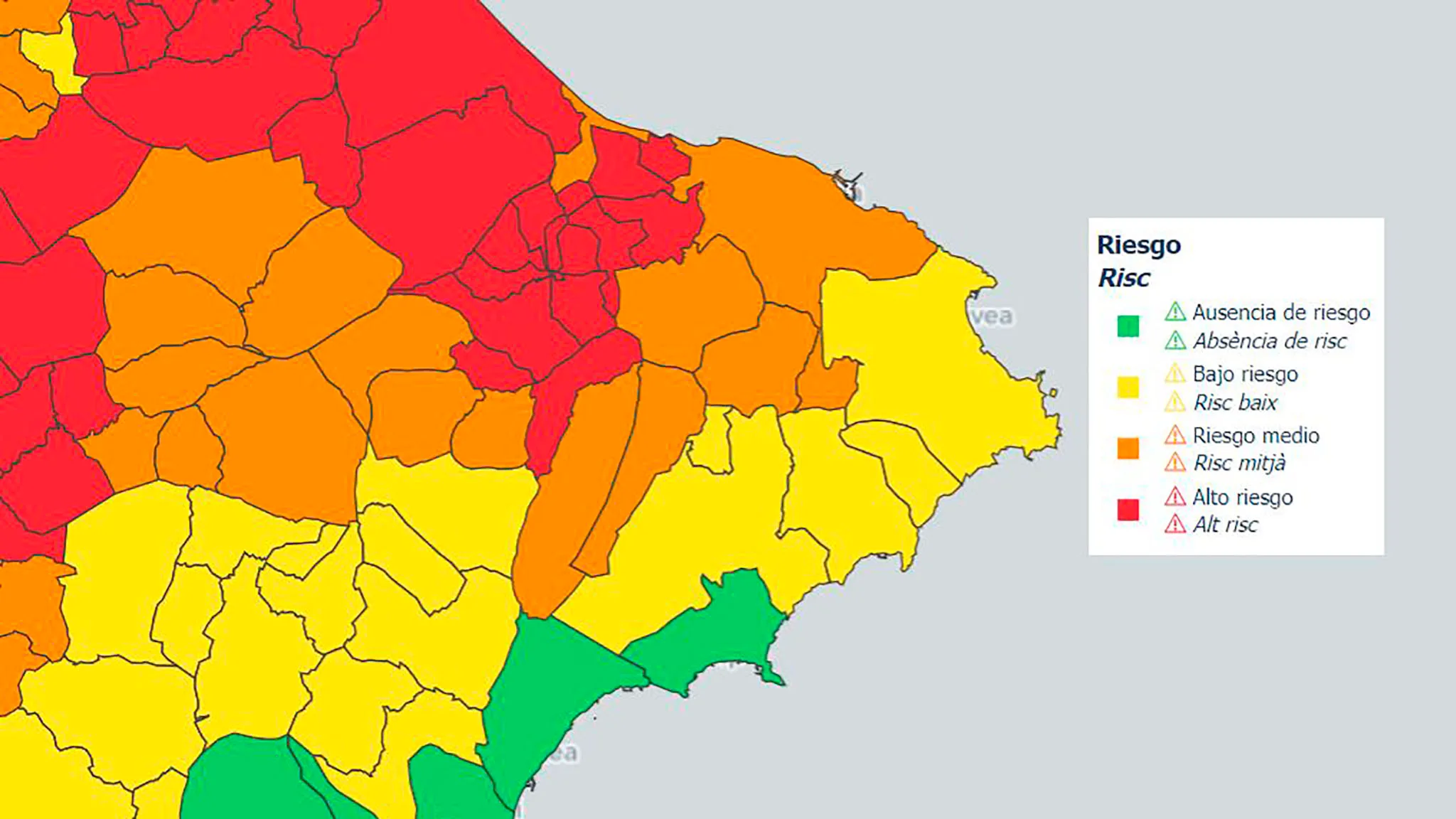 mapa del sistema de vigilancia de temperaturas extremas de la generalitat sobre los niveles de riesgo para la salud del 31 de julio de 2024
