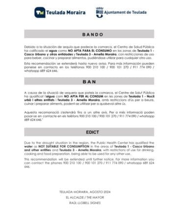 Bando sobre restricciones de agua potable en Teulada Moraira