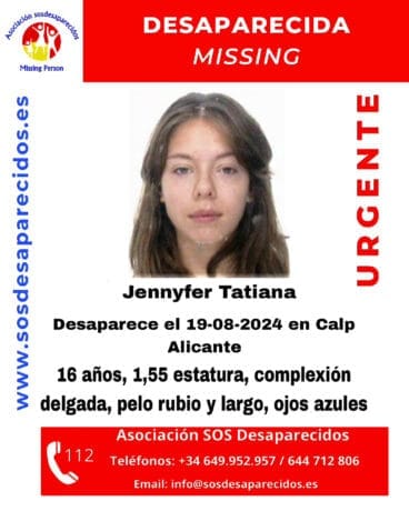 Cartel de desaparición de Jennyfer Tatiana en Calp – SOSdesaparecidos