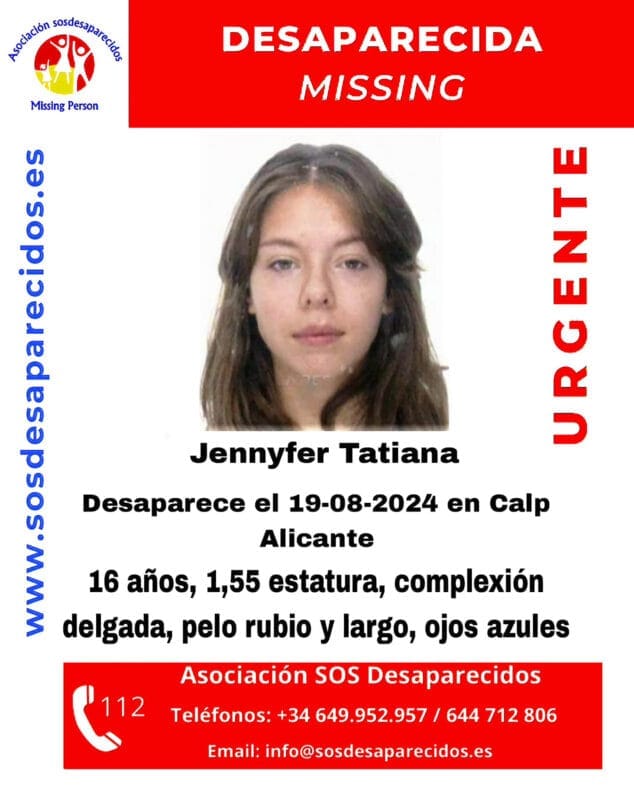 Imagen: Cartel de desaparición de Jennyfer Tatiana en Calp - SOSdesaparecidos