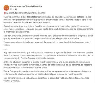 Comunicado de Compromis ante esta situación