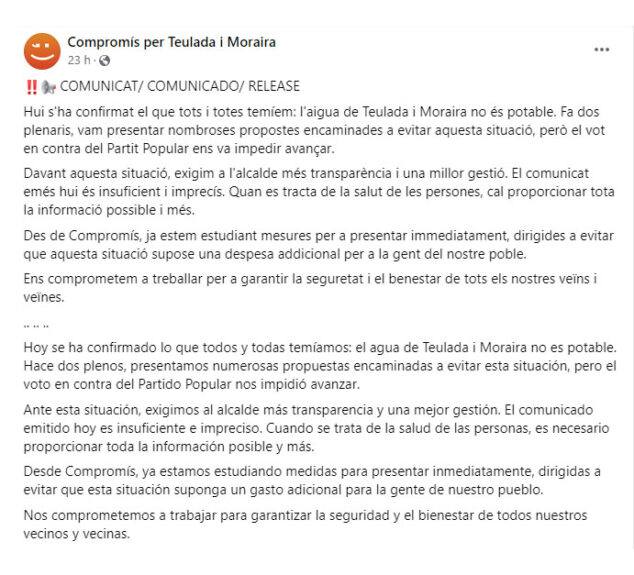 Imagen: Comunicado de Compromis ante esta situación