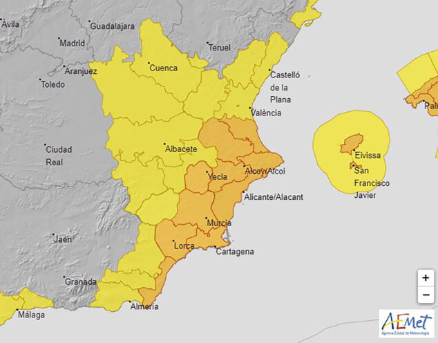 Imagen: Mapa de avisos activos de la AEMET por lluvia y tormentas el miércoles 14 de agosto 2024