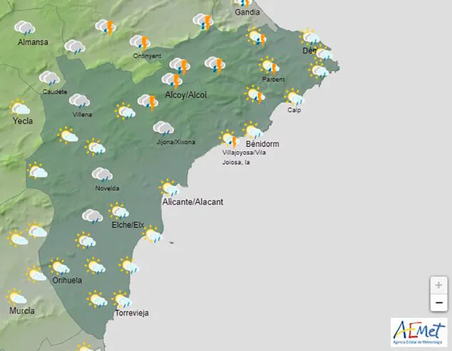 La cuarta ola de calor se aleja de la Marina Alta y la AEMET pronostica lluvia 3 Imagen: Mapa de predicción de la AEMET en Alicante para la mañana del miércoles 14 de agosto 2024