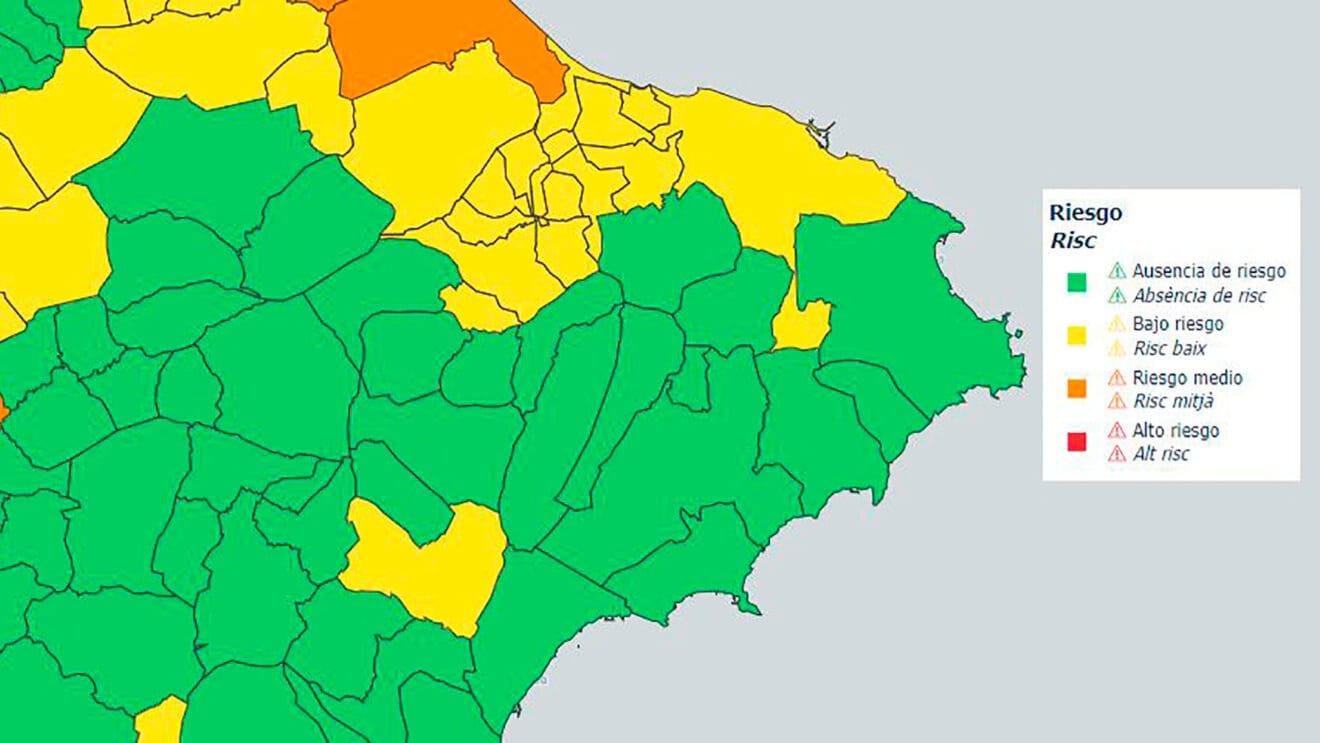 Mapa del sistema de vigilancia de temperaturas extremas de la Generalitat sobre los niveles de riesgo para la salud del 10 de agosto 2024