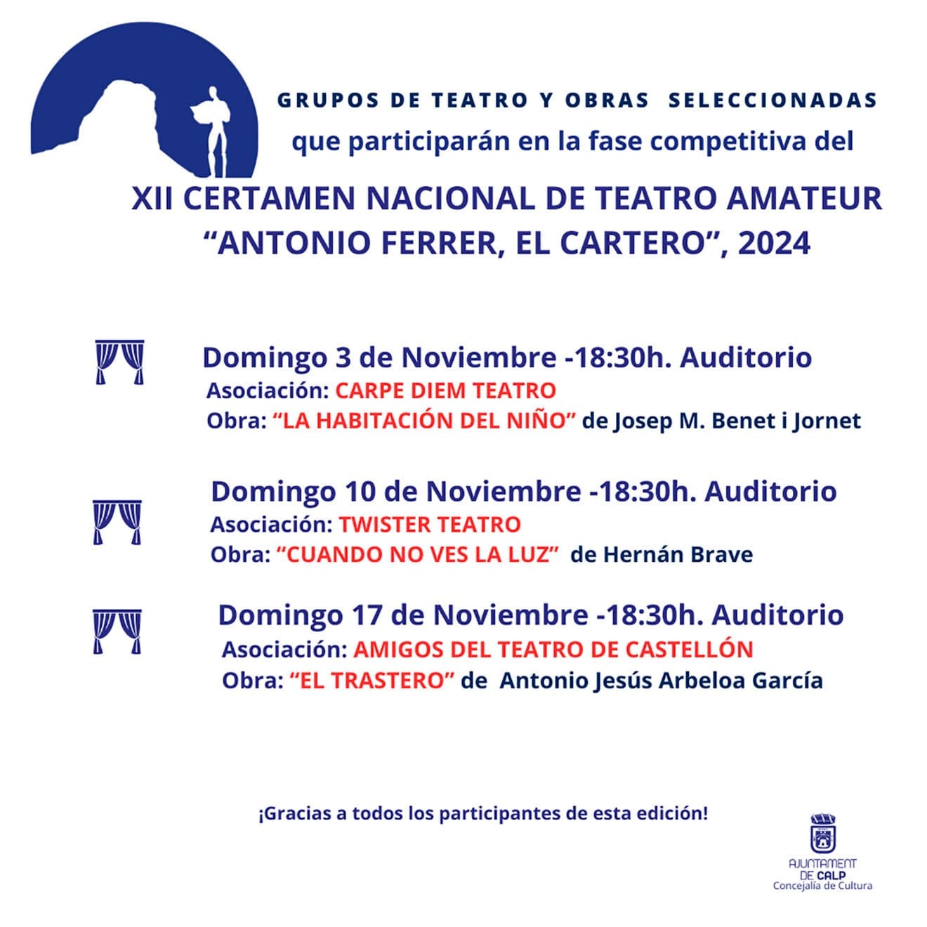 Finalistas del Certamen Nacional de Teatro Amateur 'Antonio Ferrer el Cartero' de Calp en 2024
