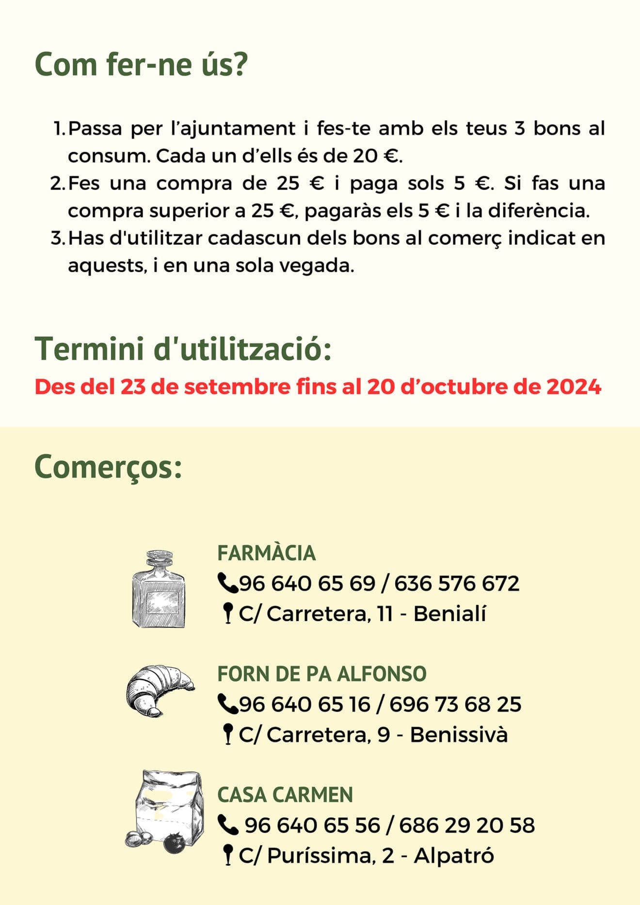 Folleto informativo del Bono Consumo Local en la Vall de Gallinera