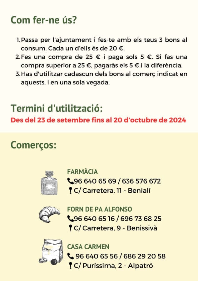 folleto informativo del bono consumo local en la vall de gallinera