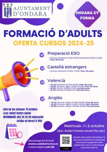 Nueva edición de cursos formativos para adultos 2024-2025 en Ondara