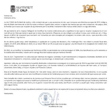 Carta de la alcaldesa de Calp, Ana Sala, a los vecinos y vecinas