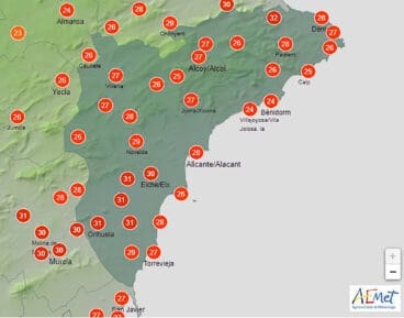 Predicción de la AEMET de las temperaturas en Alicante el miércoles 9 de octubre 2024 a mediodía