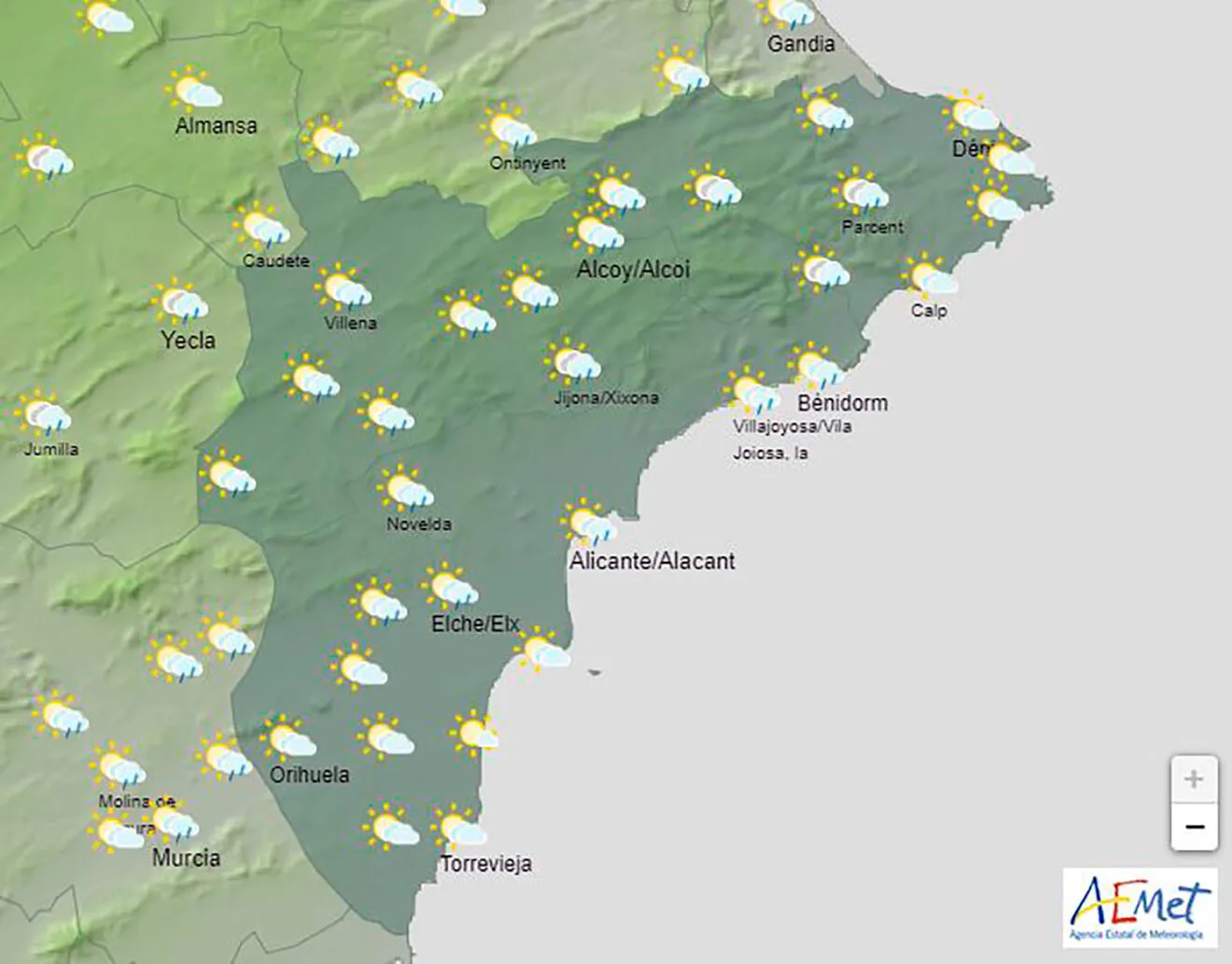 Predicción de la AEMET para Alicante el jueves 24 de octubre 2024 entre las 12.00 y las 18.00 horas