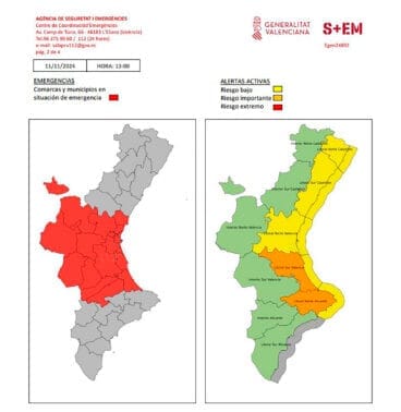 Alertas del Centre Coordinació Emergències GVA el 11 de noviembre de 2024 a las 13.00 horas