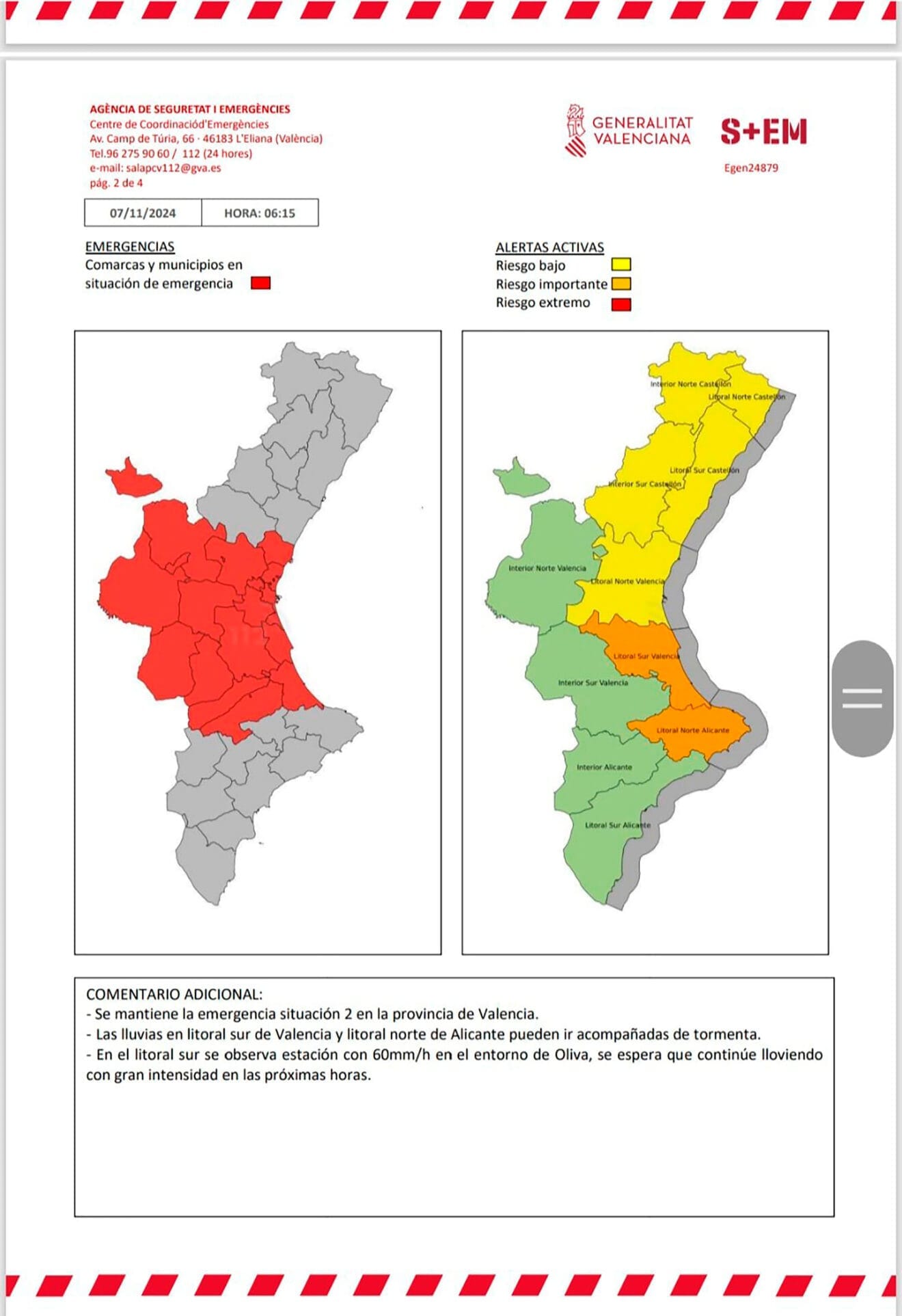 Alertas del Centre Coordinació Emergències GVA el 7 de noviembre de 2024