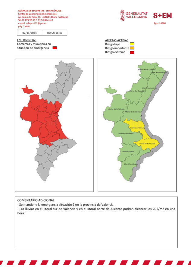 Imagen: Alertas del Centre Coordinació Emergències GVA el 7 de noviembre de 2024 a las 15.30 horas