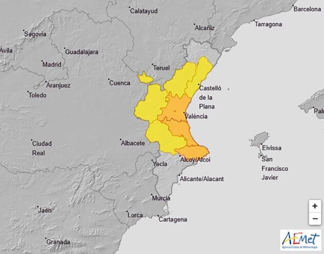 Imagen: Avisos activos en la Comunitat Valenciana hoy, jueves 14 de noviembre 2024 a las 09.00 horas - AEMET
