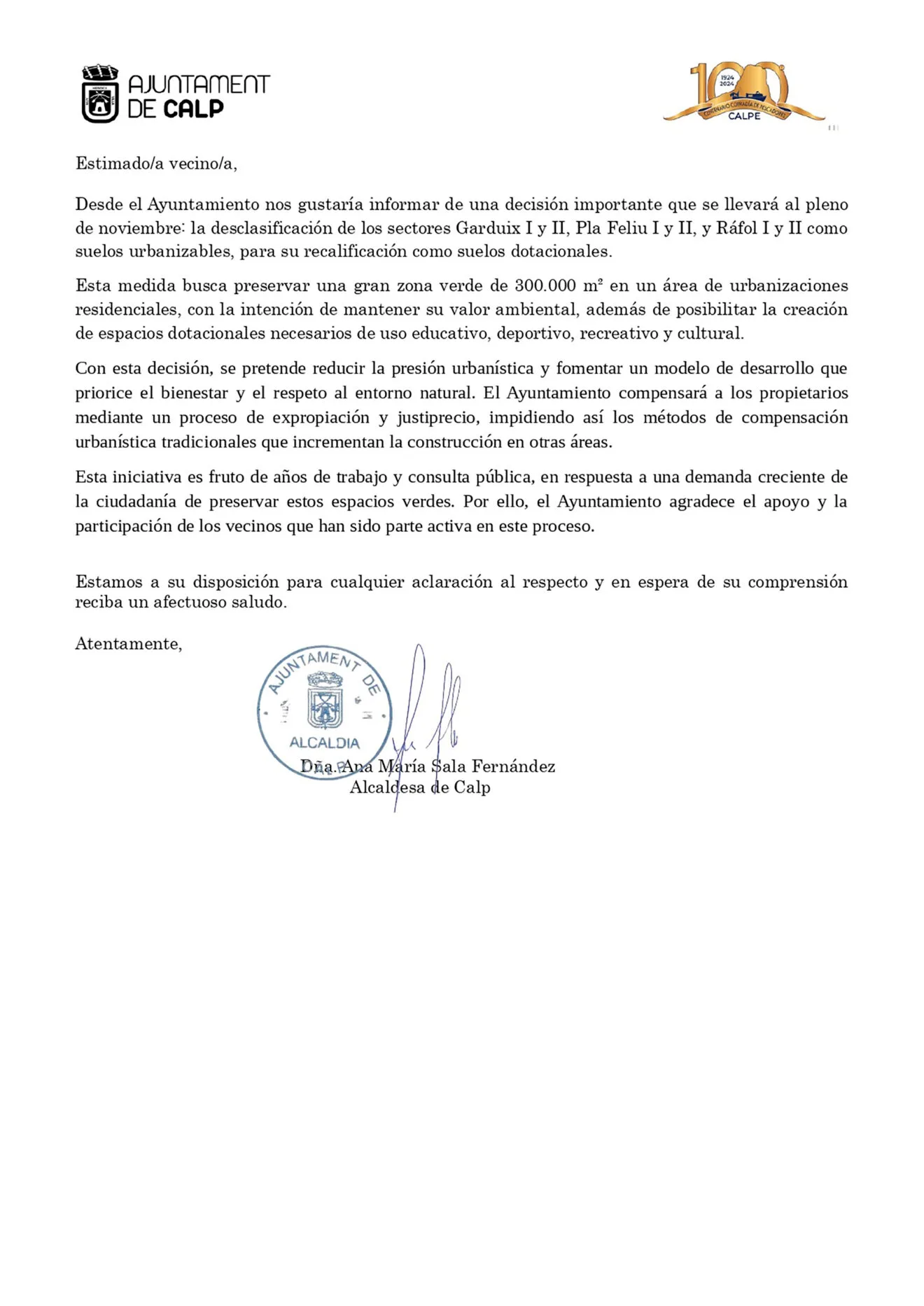 Carta a las asociaciones de Calp sobre la desclasificación de terrenos
