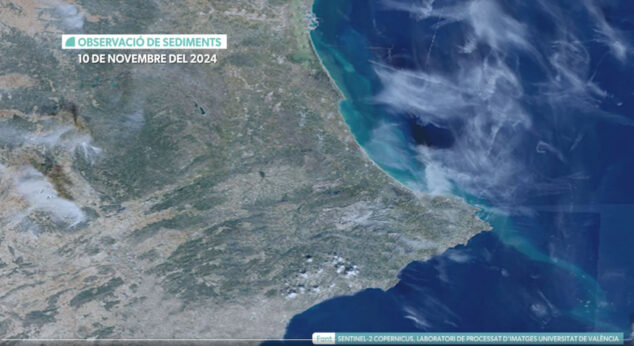 Imagen: Imágenes de satélite procesadas por la UV con el recorrido de los sedimentos de la DANA de València el 10 de noviembre 2024