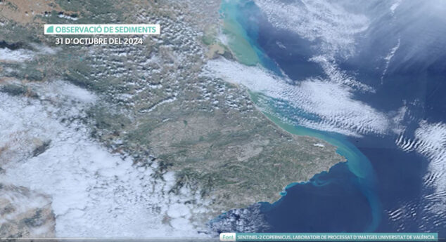 Imagen: Imágenes de satélite procesadas por la UV con el recorrido de los sedimentos de la DANA de València el 31 de octubre 2024