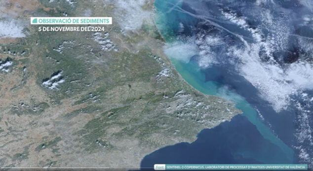 Imagen: Imágenes de satélite procesadas por la UV con el recorrido de los sedimentos de la DANA de València el 5 de noviembre 2024