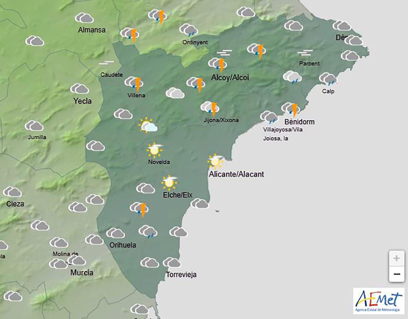 Mapa de predicción de la AEMET en Alicante para el jueves 14 de noviembre 2024 a las 13.00 horas
