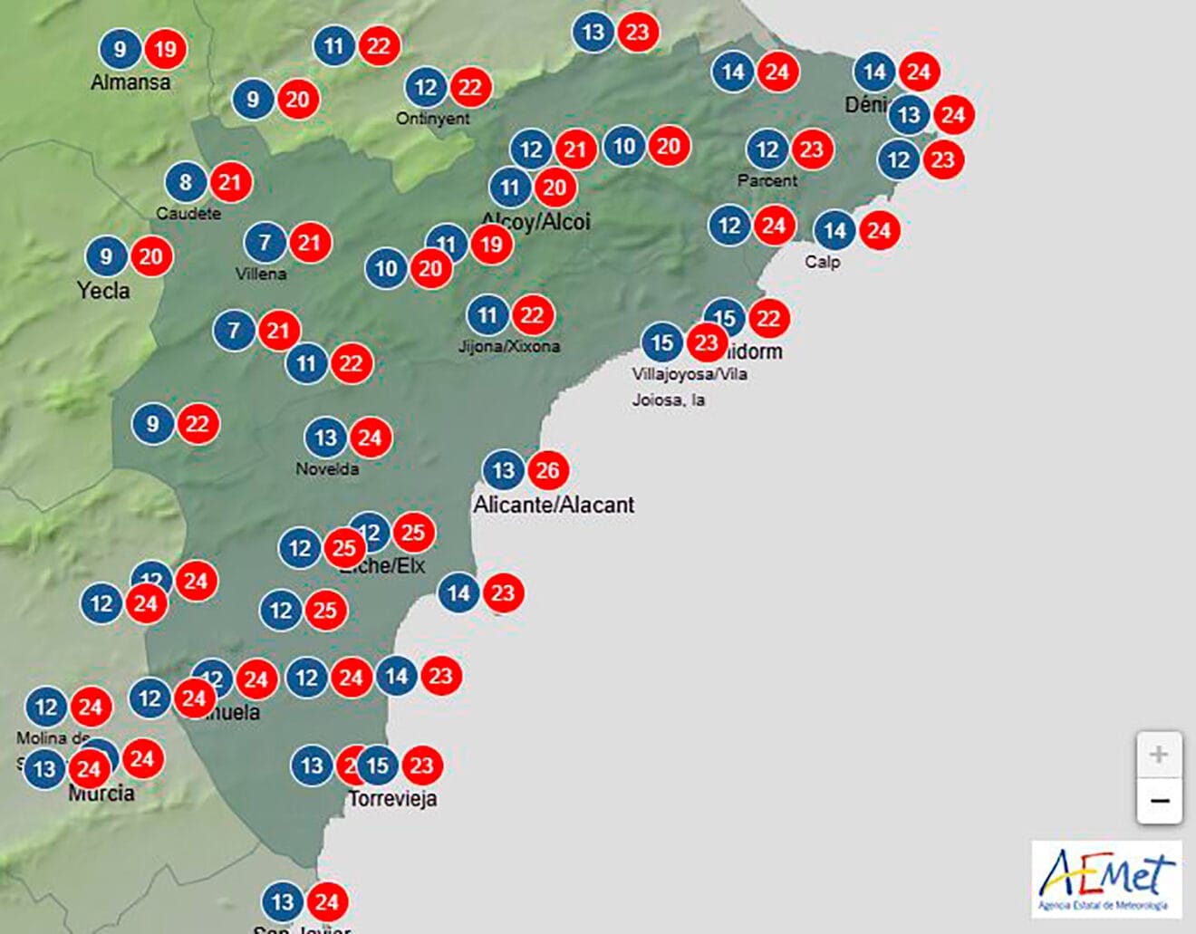 Mapa de predicción de temperaturas de la AEMET en Alicante para el martes 19 de noviembre 2024