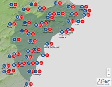 Mapa de predicción de temperaturas de la AEMET en Alicante para el martes 19 de noviembre 2024