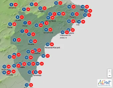 Mapa de predicción de temperaturas de la AEMET en Alicante para el martes 19 de noviembre 2024