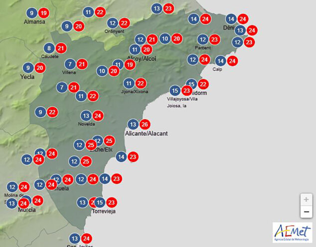 Imagen: Mapa de predicción de temperaturas de la AEMET en Alicante para el martes 19 de noviembre 2024