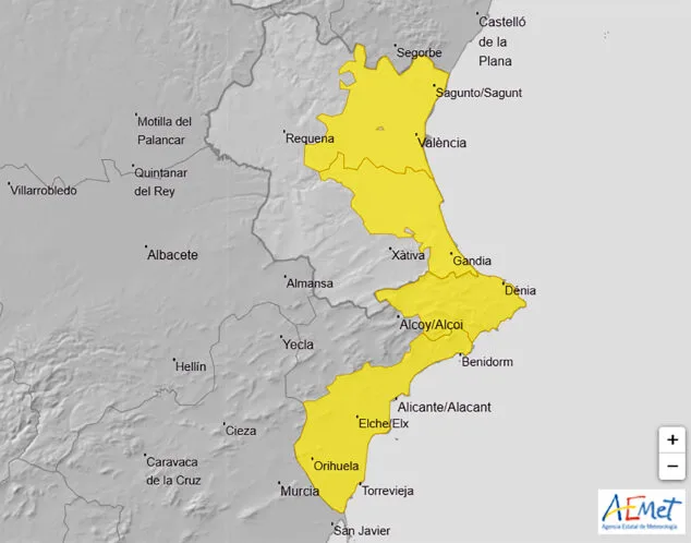 Imagen: Avisos activos de la AEMET en la Comunitat Valenciana el miércoles 11 diciembre 2024