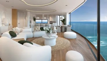Salón con vistas al mar y techo iluminado por LED
